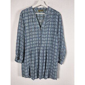 Rock Flower Paper Women Button Down Tunic Top Large Geometric Pattern Blue White
